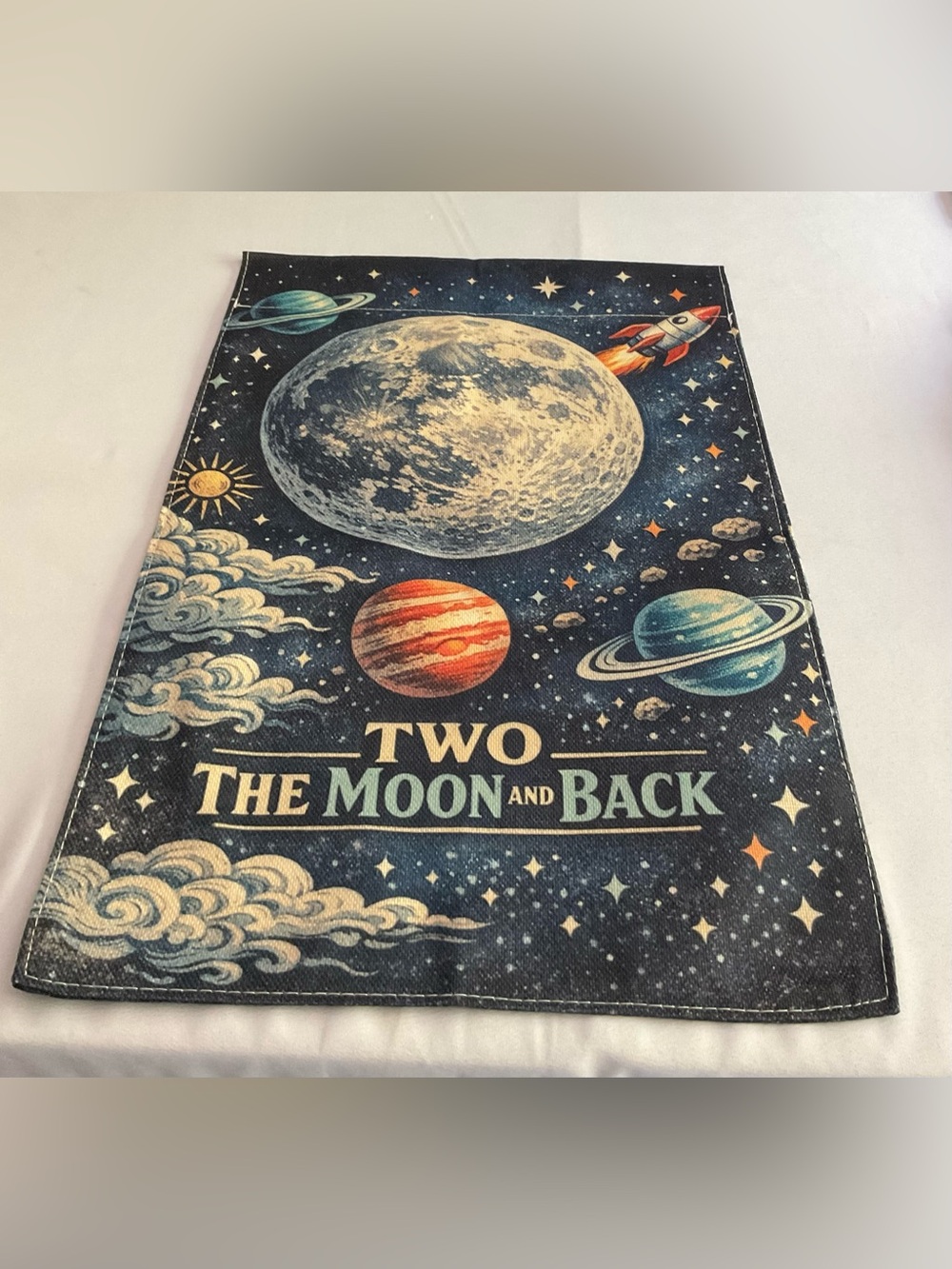 Two The Moon and Back Celestial Garden Flag - Navy, Cream, Teal